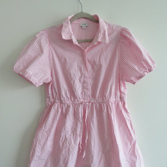 J. CREW Collared Puff Sleeve Mini Shirt Dress Striped Cotton Pink White Preppy - Picture 3 of 15
